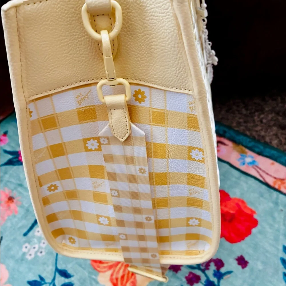 Betsey Johnson Pale Yellow Quilted Floral Tote with Gingham Strap - Picture 3 of 6